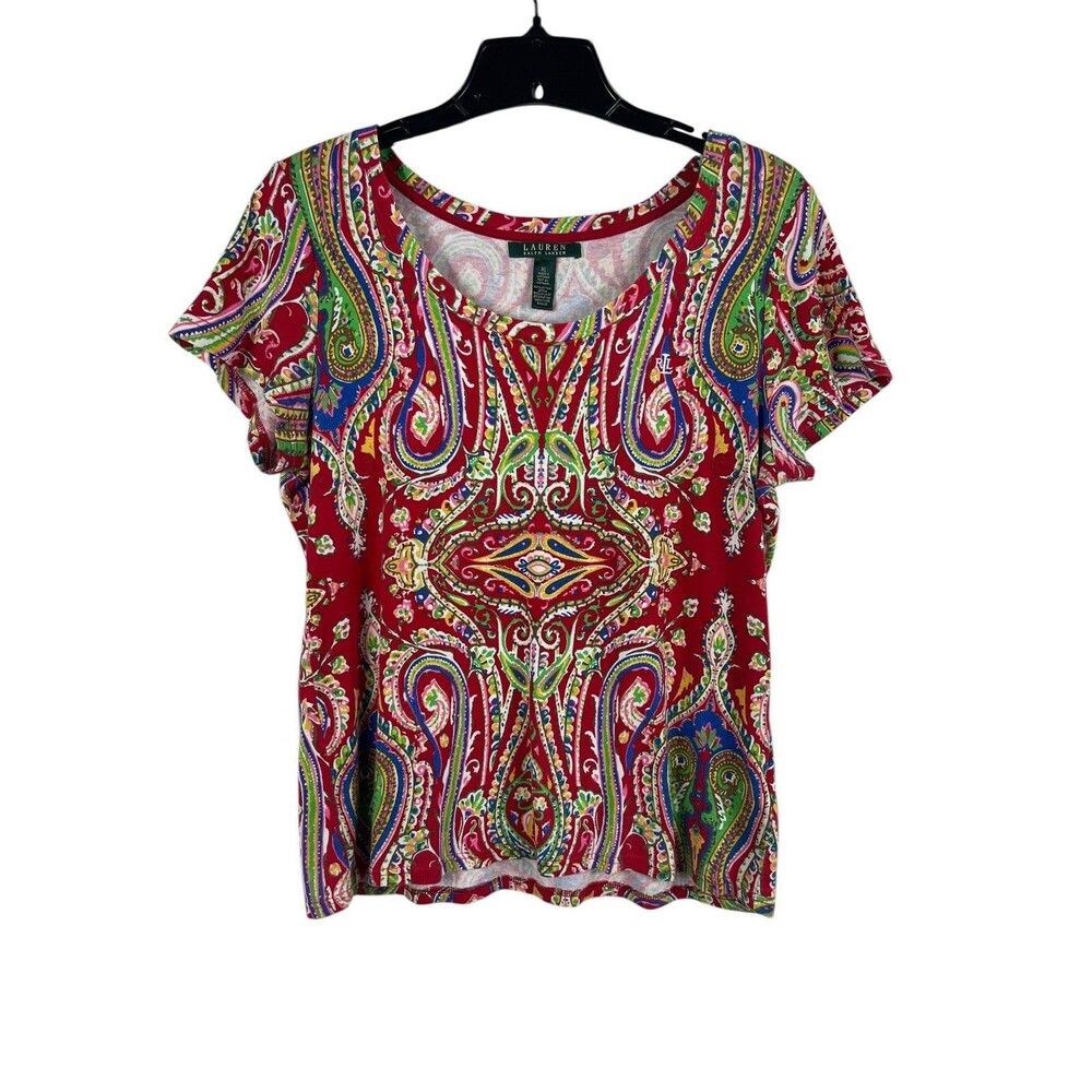 Lauren Ralph Lauren Red Paisley Logo Top Womens XL  Multicolor Global Boho Tee